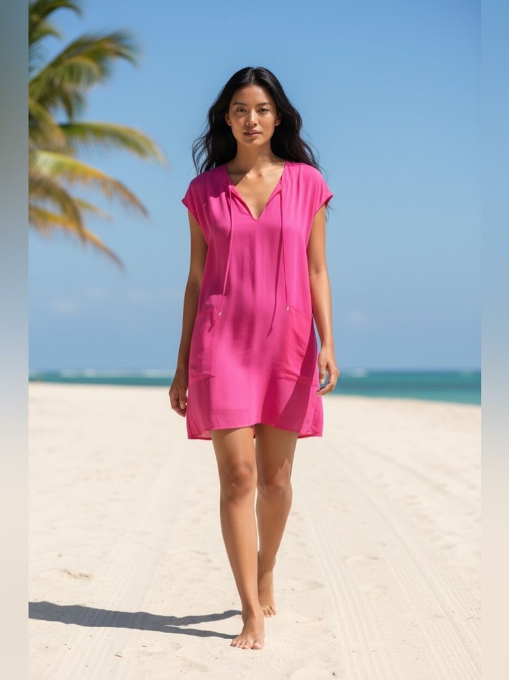 C. Wonder Pink Silk V-Neck Short Sleeve Dress with Pockets Size M